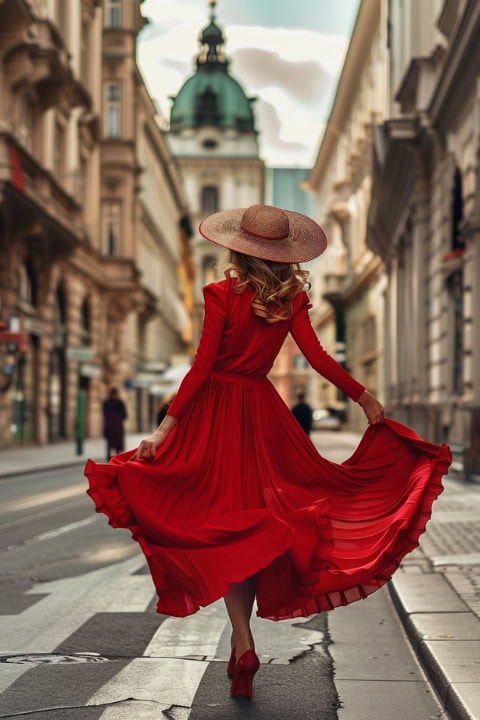 Das Foto zeigt eine elegante Wienerin in rotem Kleid.